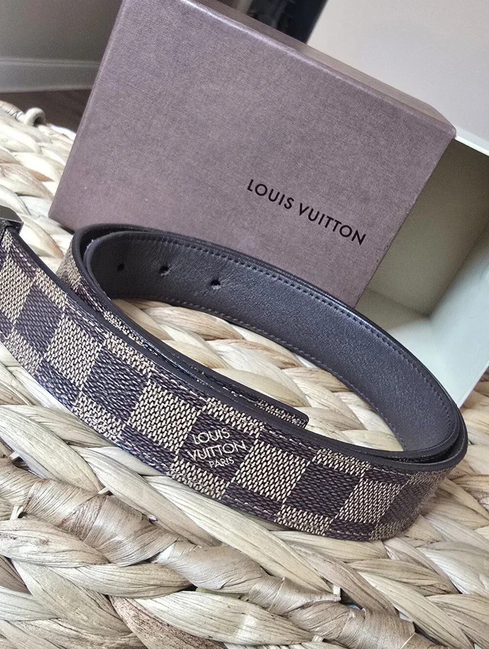 Authentic Louis Vuitton Brown Damier Ebene Checker Belt with Metal Logo Buckle
